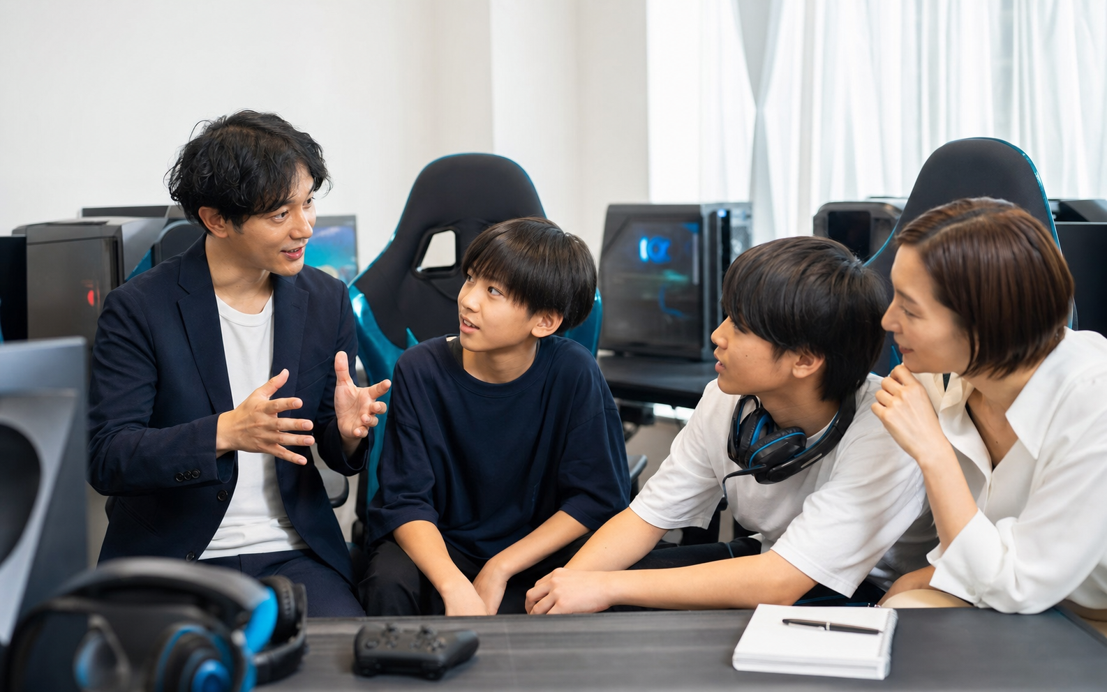 eスポーツスクールで講師が生徒と保護者へ説明する場面